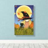 Heksje met Zwarte Kat Halloween Canvas Print (Insitu (Houten vloer))