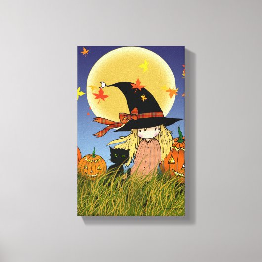 Heksje met Zwarte Kat Halloween Canvas Print (Voorkant)