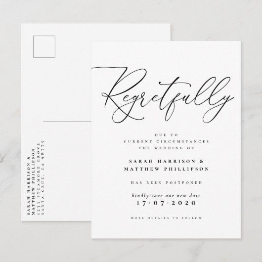 Helaas uitgesteld huwelijk Black & White Uitnodiging Briefkaart (Voorkant / Achterkant)