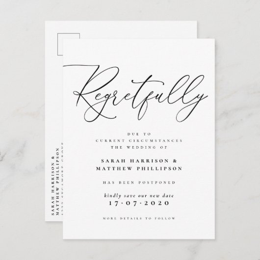Helaas Zwart & Wit Uitgesteld Huwelijk Uitnodiging Briefkaart (Voorkant / Achterkant)