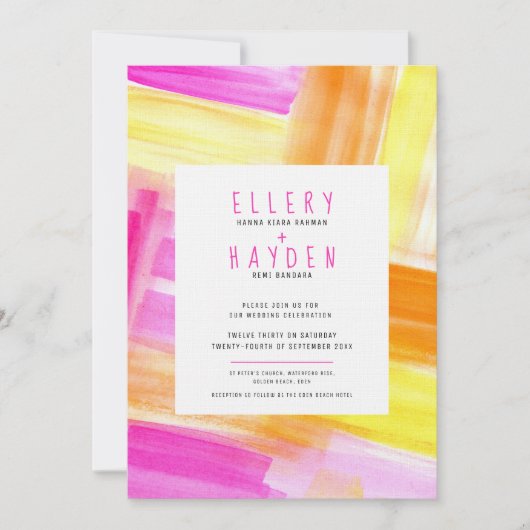 Helder abstract kunst roze geel foto bruiloft kaart (Voorkant)