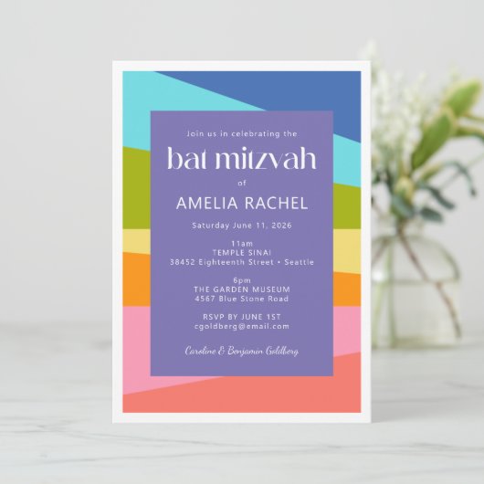 Helder Abstracte geometrische regenboogbat Mitzvah Kaart (Staand voorkant)