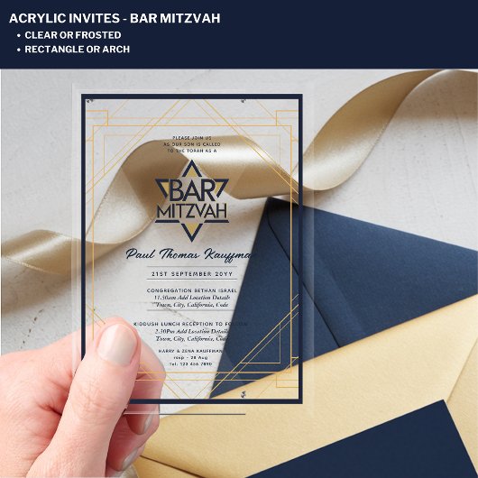 Helder Acrylaat BAR MITZVAH Marineblauw Goud Moder Acryl Uitnodigingen