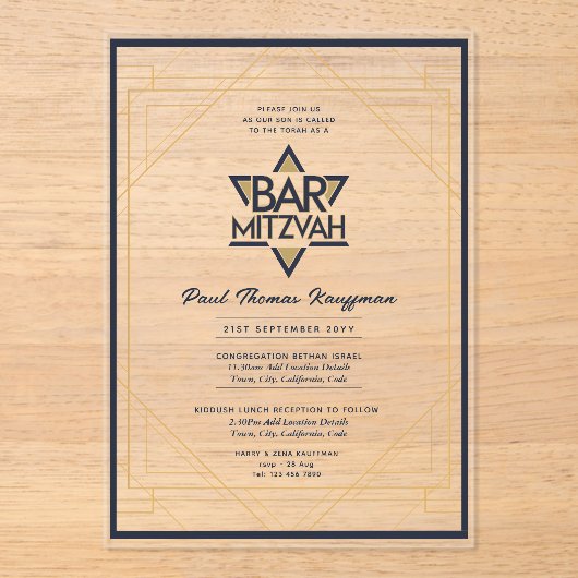 Helder Acrylaat BAR MITZVAH Marineblauw Goud Moder Acryl Uitnodigingen (Voorkant)