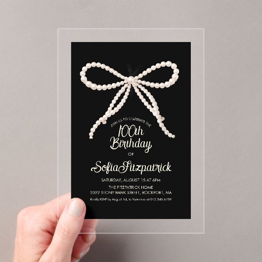 HELDER ACRYLIC 100ste Verjaardag Zwart Witte Parel Acryl Uitnodigingen (Insitu (Draagbaar))