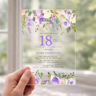 HELDER ACRYLIC Paarse Bloemen 18e Verjaardagsfeest Acryl Uitnodigingen