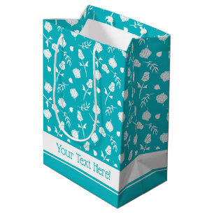 Helder Aqua Blauw en Wit Rosebud Bloempatroon Medium Cadeauzakje