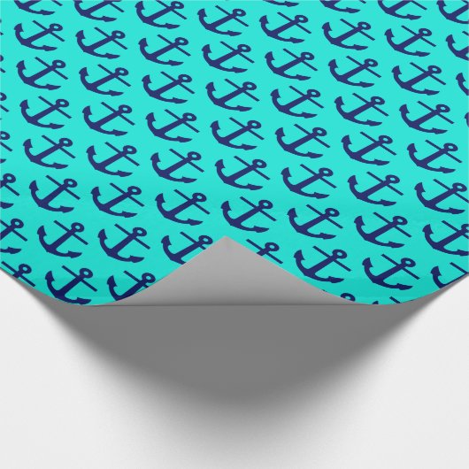 Helder aqua, marineblauw ankerspatroon cadeaupapier (Hoek)