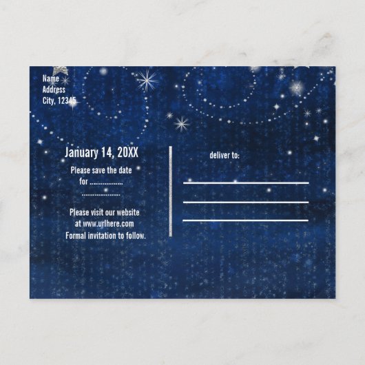 Helder blauw en zilver bleekselaar aankondigingskaart (Achterkant)