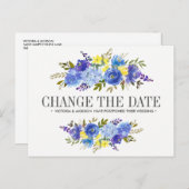 Helder Blauw Geel Bloemen BRUILOFT WIJZIG DE DATUM Aankondigingskaart (Voorkant / Achterkant)