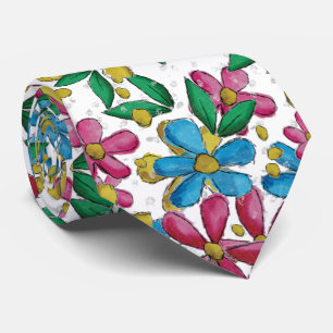 Helder Blauw Geel Heet Roze Zomer Bloempatroon Stropdas