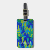 Helder Blauw & Groen Camouflage Glitter Camo Naam Bagagelabel (Voorkant verticaal)