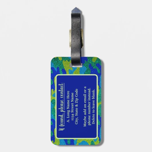 Helder Blauw & Groen Camouflage Glitter Camo Naam Bagagelabel (Achterkant verticaal)