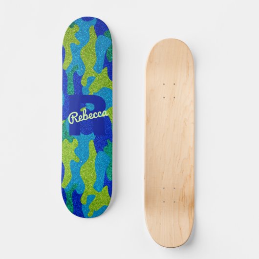 Helder Blauw & Groen Camouflage Glitter Camo Naam Persoonlijk Skateboard (Voorkant)