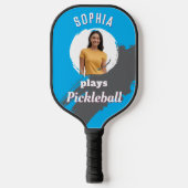 Helder blauw met foto en naam gepersonaliseerd pickleball paddle (Voorkant)