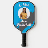 Helder blauw met foto en naam gepersonaliseerd pickleball paddle (Achterkant)