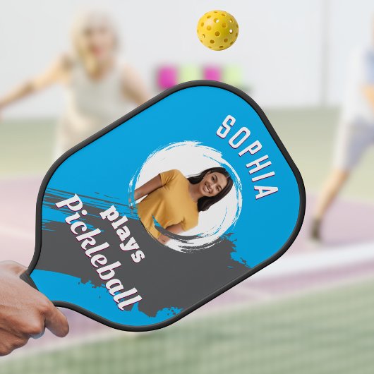 Helder blauw met foto en naam gepersonaliseerd pickleball paddle