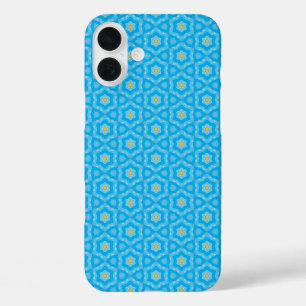 Helder blauw met geel patroon iPhone 16 plus hoesje