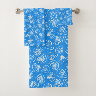 HELDER BLAUW MET WITTE SCHELPEN BAD HANDDOEK