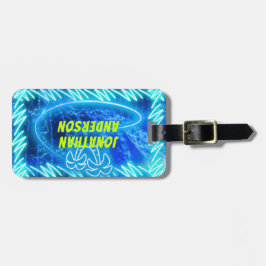 Helder Blauw Neon Gloeiende Pool Water Golven Palm Bagagelabel