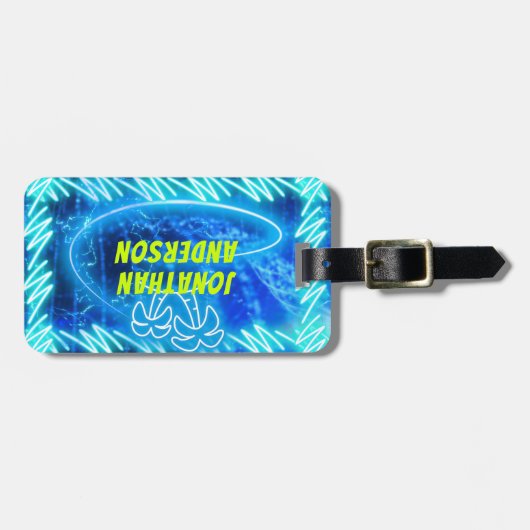 Helder Blauw Neon Gloeiende Pool Water Golven Palm Bagagelabel (Voorkant horizontaal)