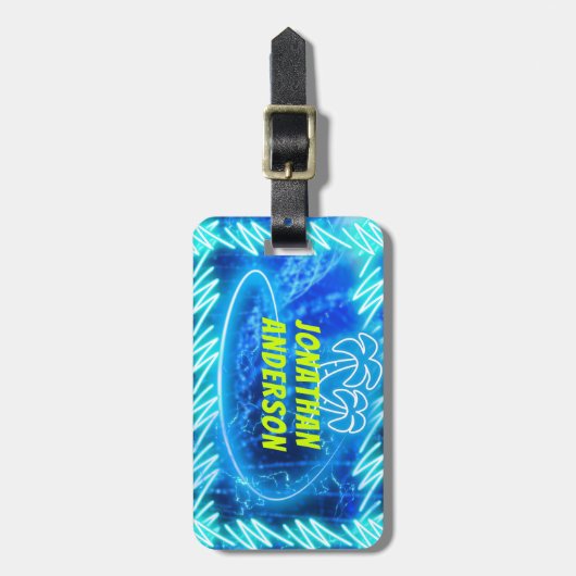 Helder Blauw Neon Gloeiende Pool Water Golven Palm Bagagelabel (Voorkant verticaal)