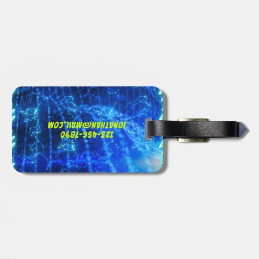 Helder Blauw Neon Gloeiende Pool Water Golven Palm Bagagelabel (Achterkant horizontaal)