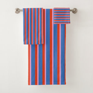 Helder Blauw Rood Roze Retro Streeppatroon Bad Handdoek