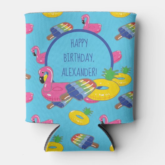 Helder blauw zwembad drijvers patroon gepersonalis blikjeskoeler (Voorkant)