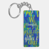 Helder blauwe en groene camouflage glitter camo na sleutelhanger (Voorkant Links)