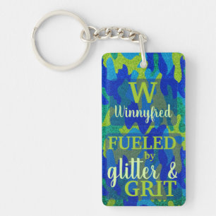 Helder blauwe en groene camouflage glitter camo na sleutelhanger