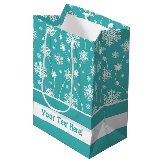 Helder Blauwgroen Blauw Winter Wit Sneeuwvlokpatro Medium Cadeauzakje (Voorkant Gekanteld)