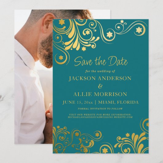 Helder Blauwgroen Goud Bloeien Foto Bruiloft Save The Date (Voorkant / Achterkant)