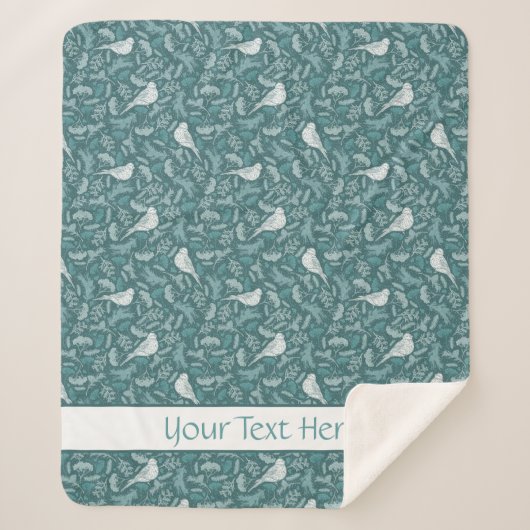 Helder Blauwgroen groen winterwit vogelbloemmotief Sherpa Deken (Voorkant)