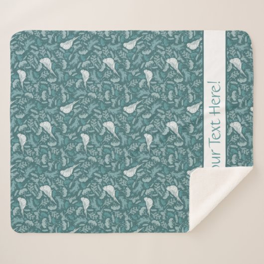 Helder Blauwgroen groen winterwit vogelbloemmotief Sherpa Deken (Voorkant (horizontaal))