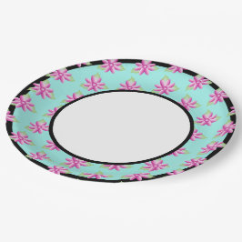 Helder Blauwgroen met roze bloemen geaccentueerd i Papieren Bordje