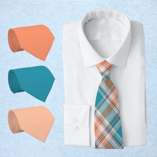 Helder Blauwgroen, Perzik & Wit Plaid Stropdas