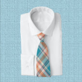 Helder Blauwgroen, Perzik & Wit Plaid Stropdas