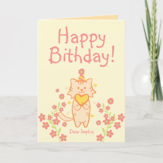 Helder Bloem&Cute Kat met Hoed&Hart Verjaardag Kaart