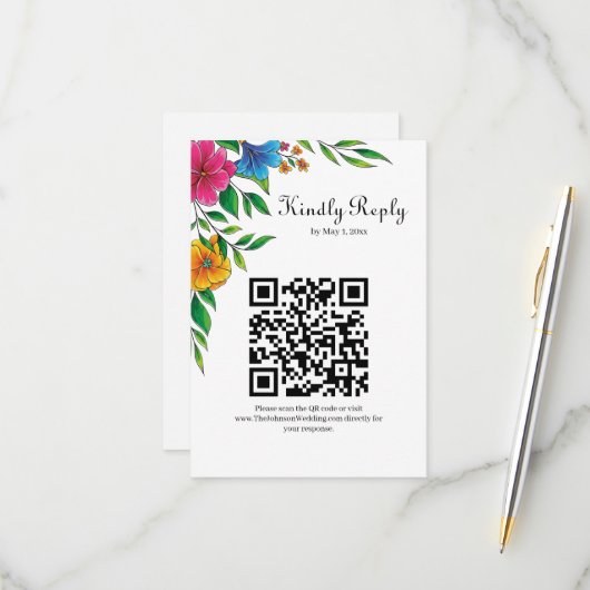 Helder Bloem Lente Zomer Bruiloft QR code RSVP Kaartje (Voorkant / Achterkant in situ)