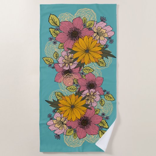 Helder bloemboeket op Aqua Beach handdoek (Voorkant)