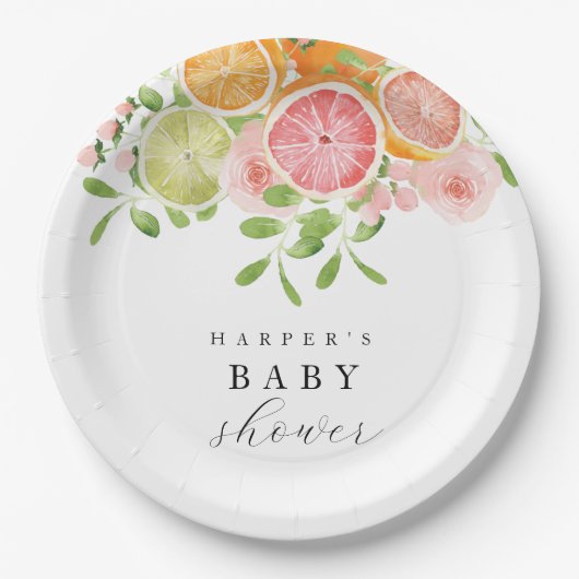 Helder bloemen- en citrus babyshower papieren bordje (Voorkant)