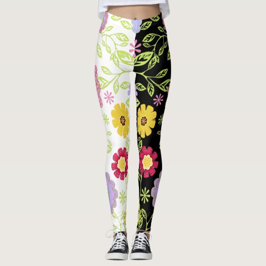 Helder Bloemen Pop Kunst Schilderen Bi-Color Patte Leggings (Voorkant)