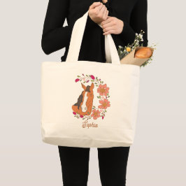 Helder bloemenkrans Paardenportret met naam Grote Tote Bag