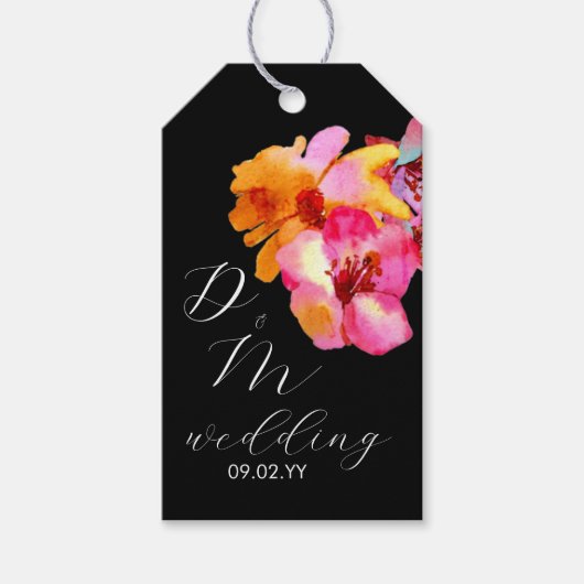 Helder bloemig waterverf monogram zwart bruiloft cadeaulabel (Voorkant)