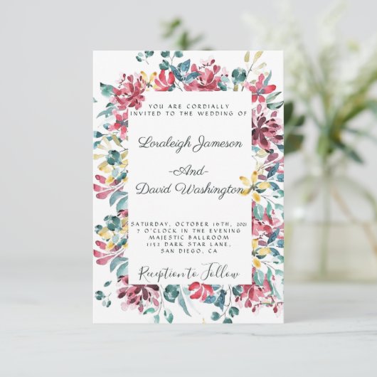 Helder bloemmotief bruiloft uitnodiging (Staand voorkant)