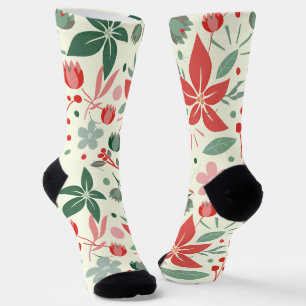 Helder bloemmotief met groene bladeren en stip sokken