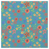 Helder bloemmotief op turquoise stof (Close Up)
