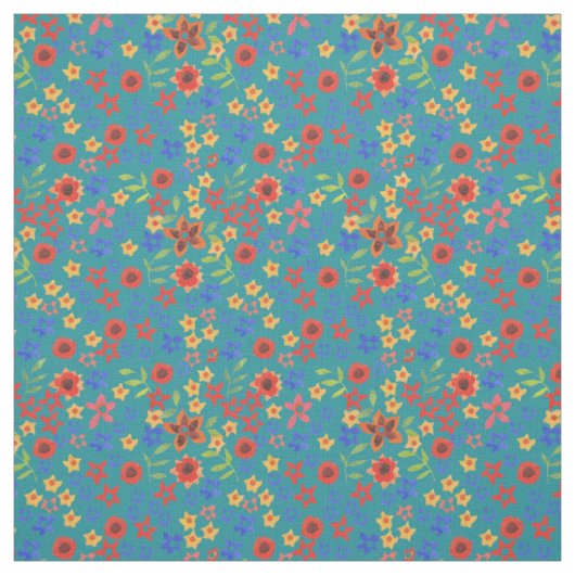 Helder bloemmotief op turquoise stof (Swatch)