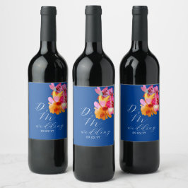 Helder bloemmotief watergekleurd monogram blauw br wijn etiket